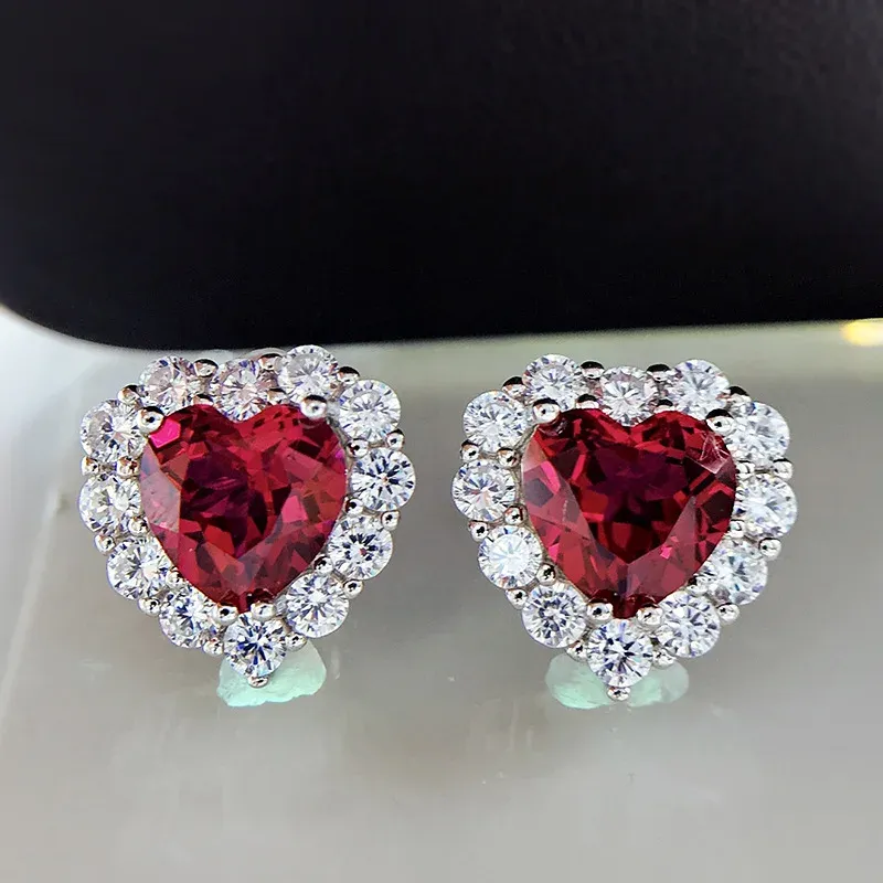 Earrings Luxury Solid 925 Sterling Silver 8*8mm Ruby Heart Earrings Party Engagement Jewelry for Women 2024 Trend New