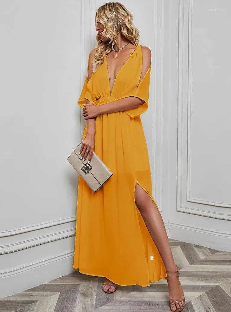 Party Dresses Spring/Summer Women's Sexy Deep V Off Shoulder Solid Chiffon Elegant Women Fashion Back Split Evening Dress S-XL