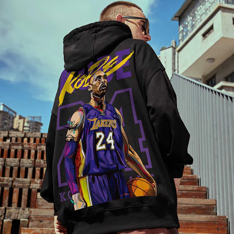 Felpa con cappuccio da uomo in peluche Kobe 24 Large Loose Fashion Hip-hop Street China-chic Lakers