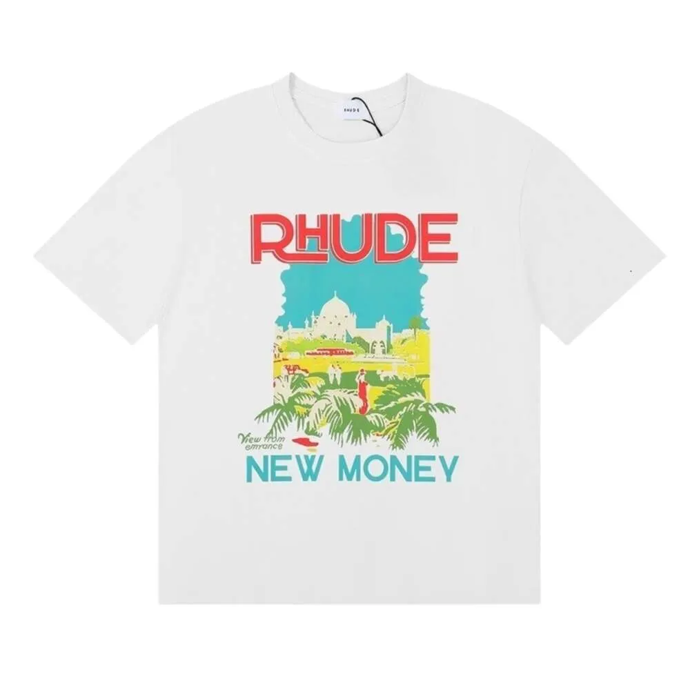 RhudeTシャツデザイナーオリジナル品質メンズTシャツ城ココナッツツリーランドスケープ男性と女性のためのカジュアルカジュアル半袖