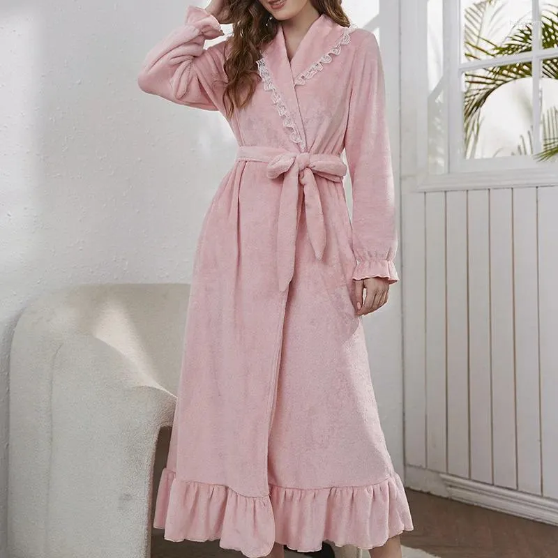 Mulheres sleepwear inverno flanela vestes para mulheres sexy laço manga longa quimono com faixa feminina casual confortável robe fada noiva vestir