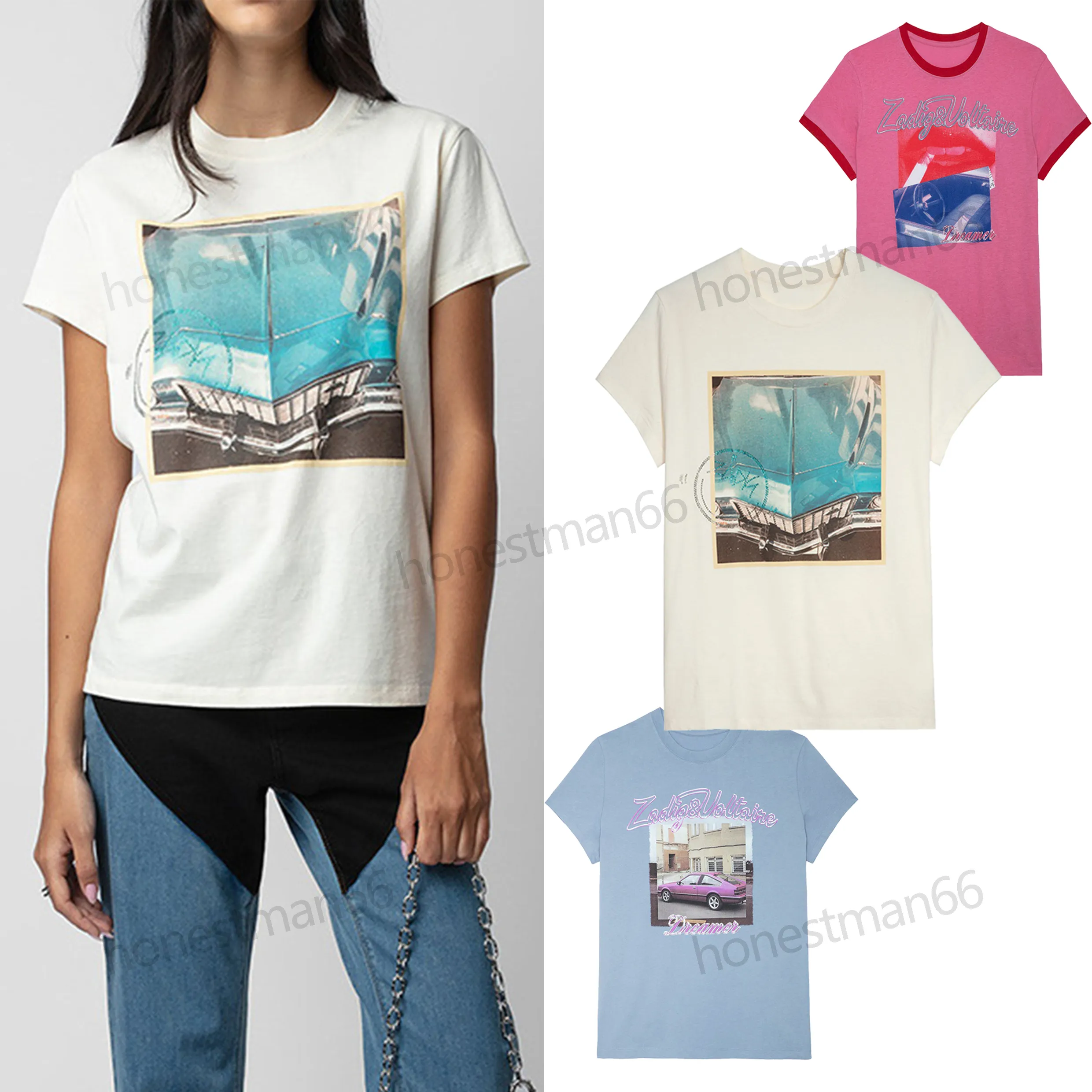 Camiseta Zadig Voltaire 24SS Mulheres Designer Camiseta de Algodão Moda Nova Zadig Tops Azul Carro Tinta Branca Impressão Digital Hot Diamond Damasco Manga Curta Praia Tees