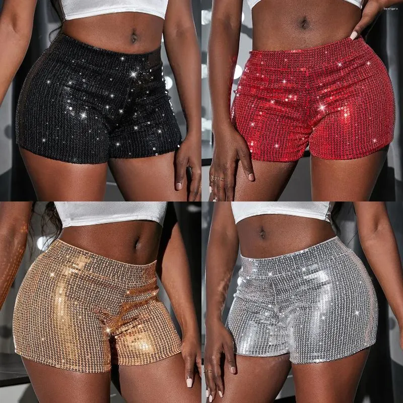 Women's Shorts 2024 Fashion High Waisted Casual Short Pants Elastic Sequin Bar Perform Clothing Sexy Summer Pant Black Red Gold