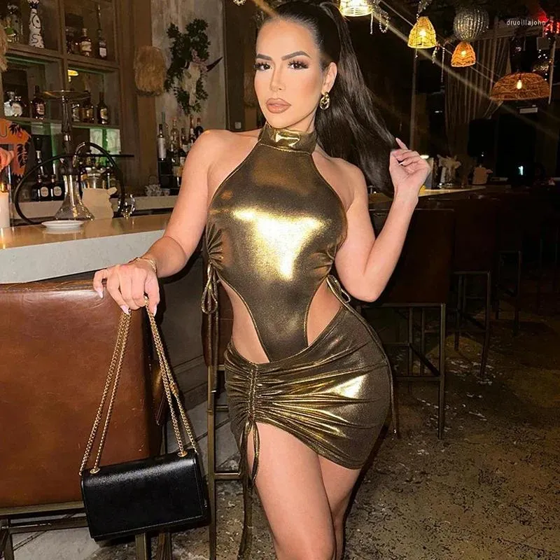 Work Dresses Women 2 Piece Shiny Gold Bandage Bodysuit Slim Mini Skirts Sets Metallic Color Drawstring Pleated Party Two Outfits