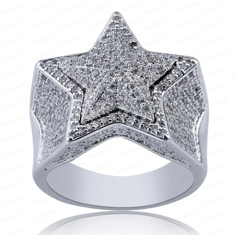 New Designer Luxury 18K Gold White CZ Zirconia Pentagram Ring 2020 Full Diamond Iced Out Hip Hop Jewelry Gifts for Men & Women Rin253d