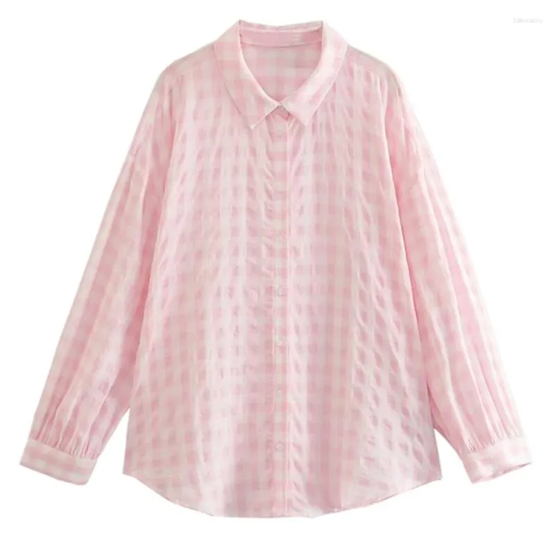 Женские блузки, розовая рубашка в клетку с текстурой High Street, модный летний свободный шифоновый топ для женщин