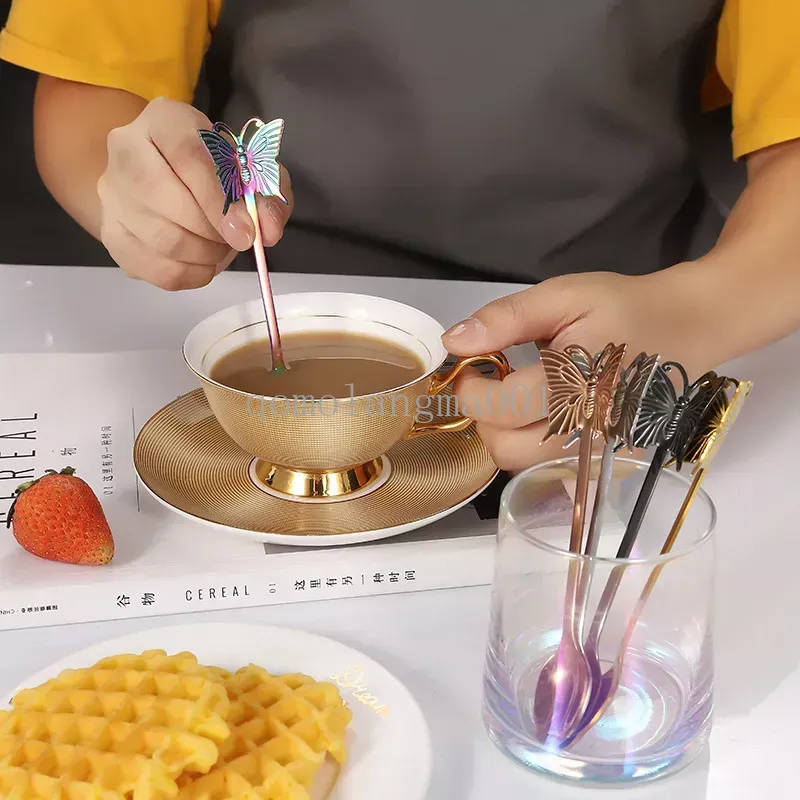 Creativo Farfalla Cucchiaio Forchetta Caffè in acciaio inossidabile Mescolare Cucchiai Torta Frutta Forchette Appeso Miele Mescolare Scoop Forkd Stoviglie la casa