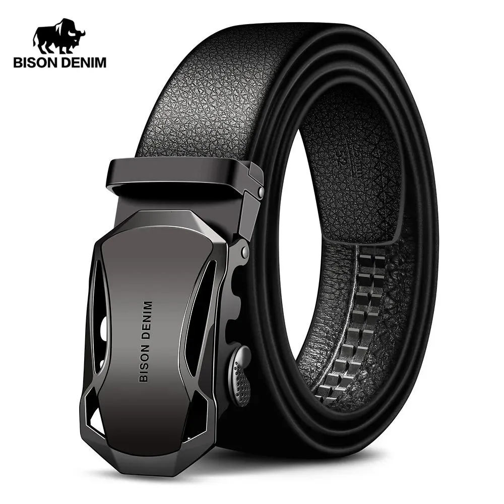 BISON DENIM hommes ceinture en cuir de vache ceintures marque de mode boucle automatique noir ceintures en cuir véritable pour hommes 3.4 cm largeur N71314 240122