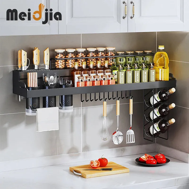 MEIDJIA-Wall-Mounted Kitchen Rack Spice Storage Shelf Large Punch-Free Racks Seasoning Chopsticks Organizer Knife Holder 240122