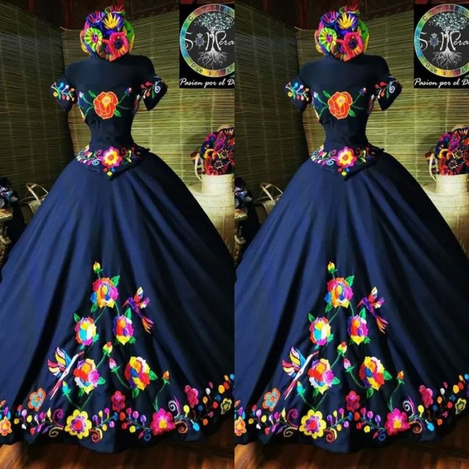 2022 Fashion Charro Mexico Quinceanera Dresses Navy Blue Off the Counder Satin Corset Back Sweet 15 Girls Prom Dress