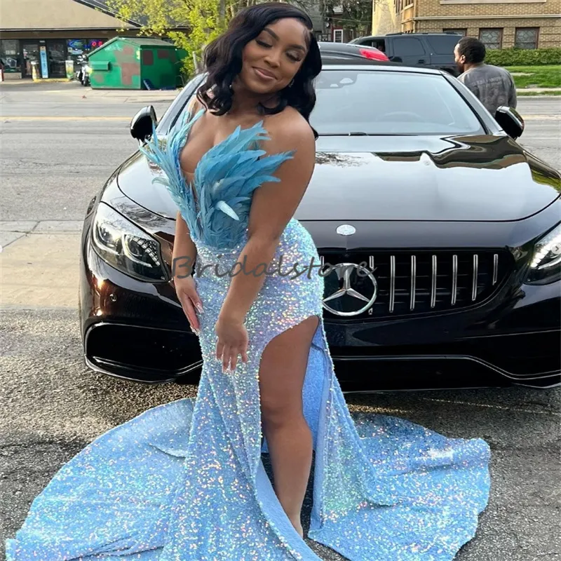 Plus Size Ostrich Prom Dresses For Black Girls Shine Blue Full Sequin Mermaid Evening Dress Glitter Slit Birthday Formal Feather Party Dress For Sepcial Occasion