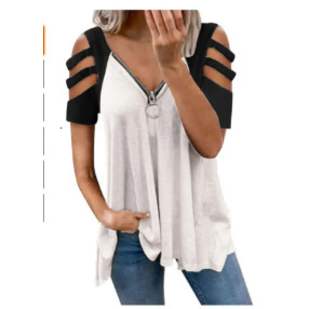 デザイナーの女性服新しい女性用Vネックジッププルオーバープリント半袖Tシャツ女性のトップサマーファッションレディースブラウスプラスサイズの女性衣類12tx