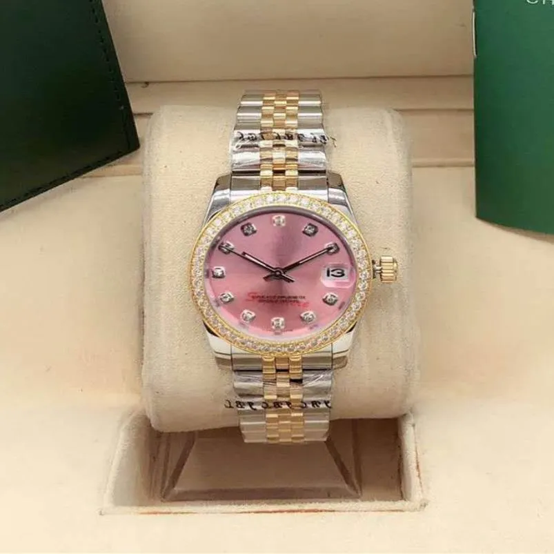 Yüksek kaliteli altın moda 31mm safir bayanlar elbise pembe saatler mekanik otomatik tarama tarihi kadın izleme paslanmaz çelik brac316a