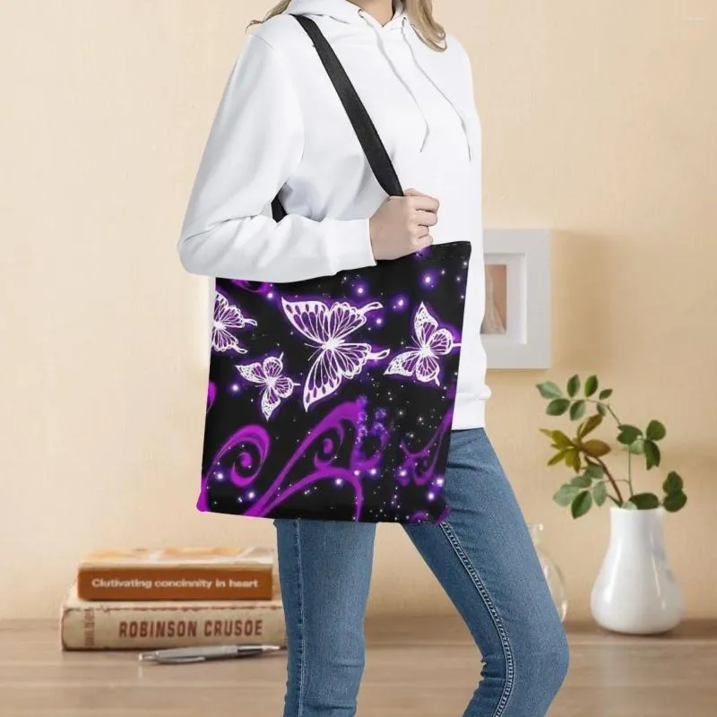 Shoppingväskor Puple Butterfly Print Fashion Women Totes 2024 Portable Big Shoulder Bag For College Student Girls Bookbag Storage