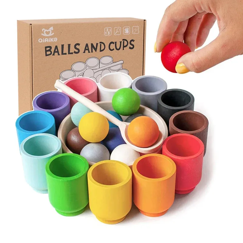 Baby Montessori Träleksak Rainbow Ball and Cups Color Sorting Games Fine Motor Tidig utbildning Lärande leksaker gåvor för barn 240124