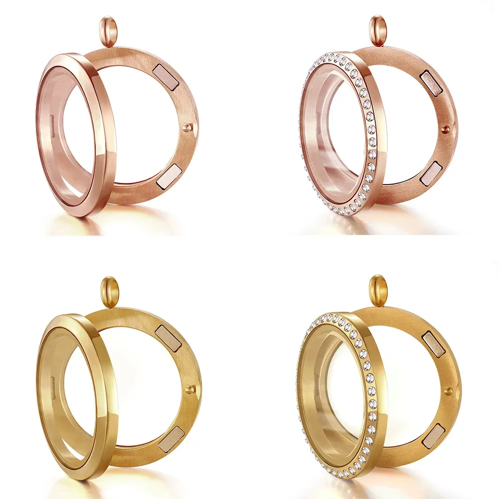 Colliers 316L acier inoxydable or Rose 25 30mm pendentif en cristal collier médaillon en verre rond pour breloques flottantes cadeaux souvenirs