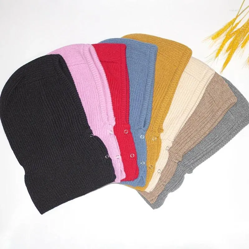 Berets Herbst Winter Einfarbig Taste Kappe männer Und frauen Gestrickte Warme Hals Schutz Mit Kapuze Schal Bonnets Für frauen