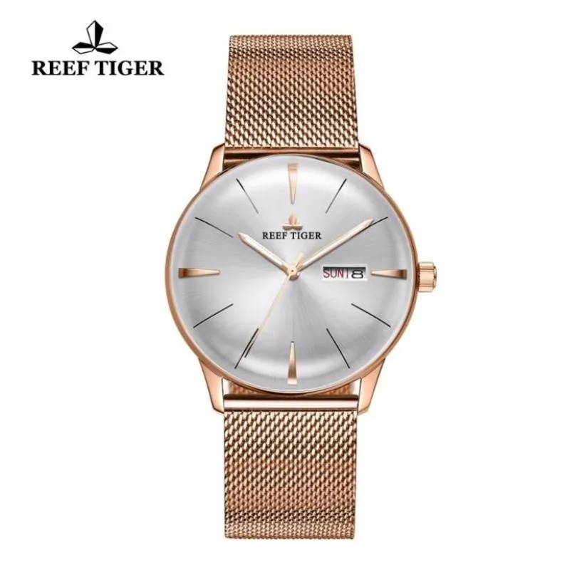 Reef Tiger RT男性用の豪華なシンプルな時計は、日付の日にアナログrga8238 wristwatches2814を備えたローズゴールドオートマチック