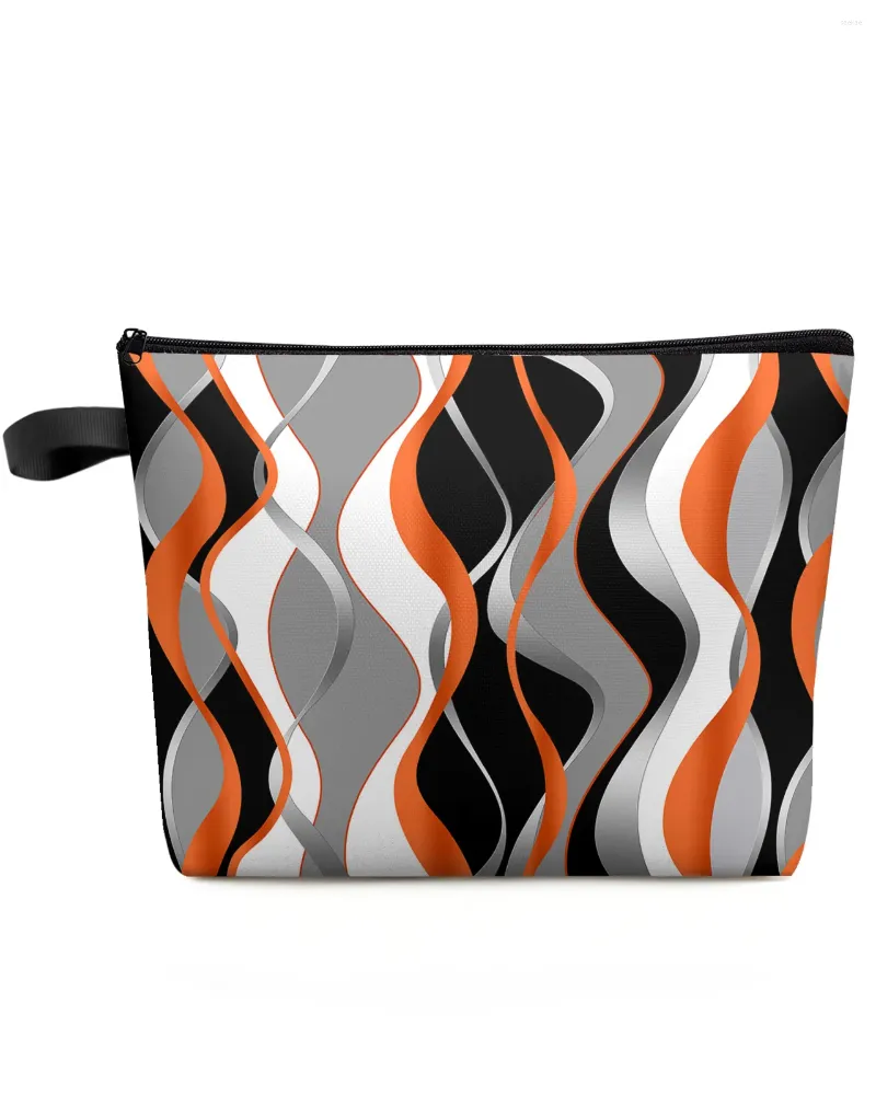 Cosmetic Bags Abstract Lines Orange Large Capacity Travel Bag Portable Makeup Storage Pouch Women Waterproof Pencil Case