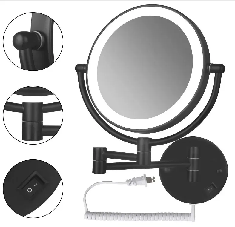 Speglar svart 8 "LED -ljus väggmonterad runda 3xmagnifying spegel led makeup spegel batteri smink make up lady's privata speglar