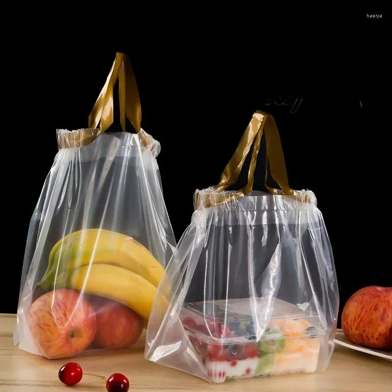 Worki do przechowywania przezroczyste pakiet kieszonkowy torba na wynos do spożywczego owoce opakowanie rączka zakupowa Uchwyt do pieczenia na sznurku plastikowym plastikowym