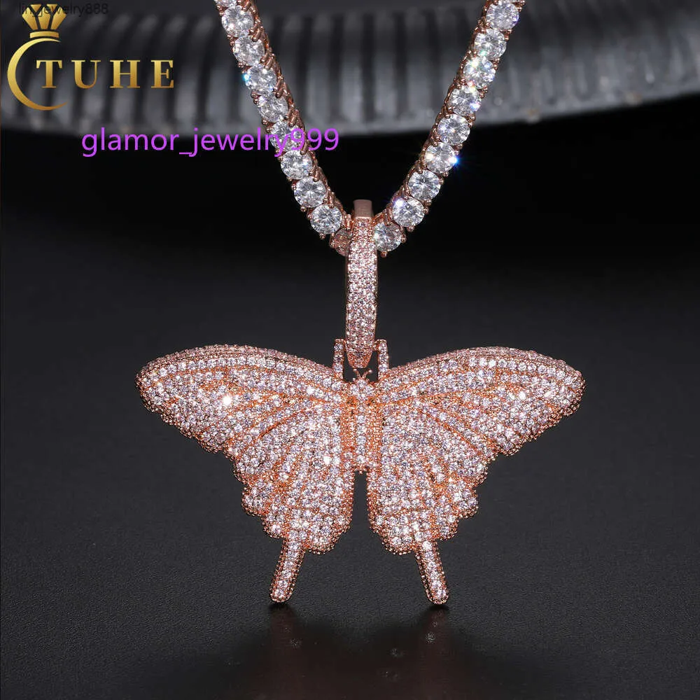 Collier papillon en or Rose glacé à la mode, pendentif en diamant Sterling VVS Moissanite, bijoux Hip Hop, chaîne de Tennis