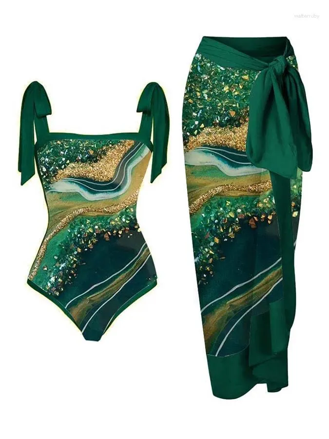 Maillots de bain pour femmes 2024 Vert Vintage Wave Ripple Gilt Embelli Strap Strap Design One-Pièce Seaside Resort Maillot de bain Bikini Cover Jupe