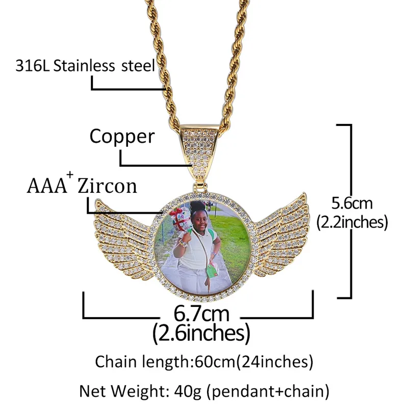 Iced Out Cubic Zircon Pendant Halsband Män och kvinnor Anpassade fotominne medaljonger Solid bild Necklacet Hip Hop -smycken Personliga rostfritt stålkedjor