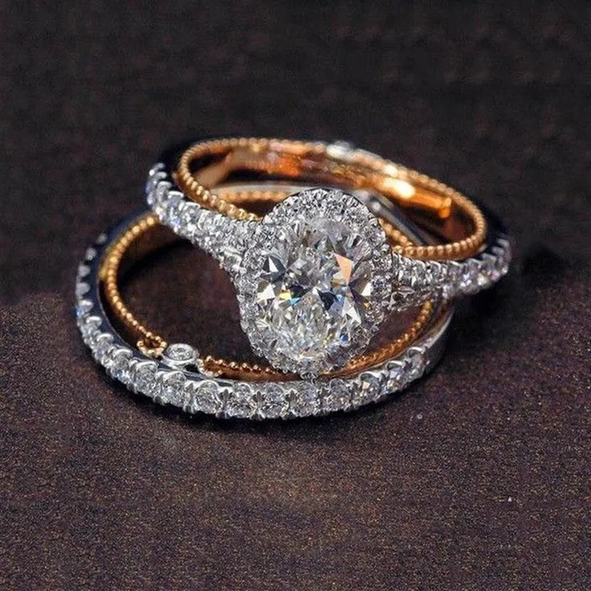 Bonito feminino diamante redondo anel conjunto marca de luxo 925 prata anel de noivado vintage nupcial anéis de casamento para women326b