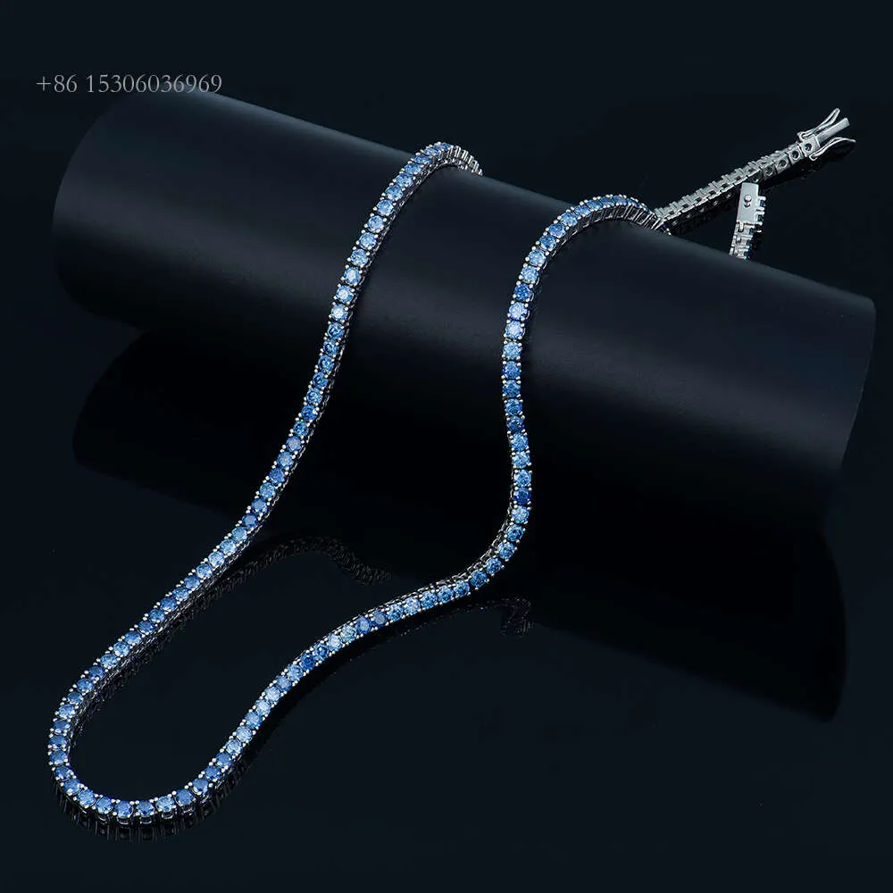 3-6Mm White Gold Plated S Sterling Sier Royal Blue Gra Vvs Lab Grown Diamond Mossanite Moissanite Tennis Chain Necklace