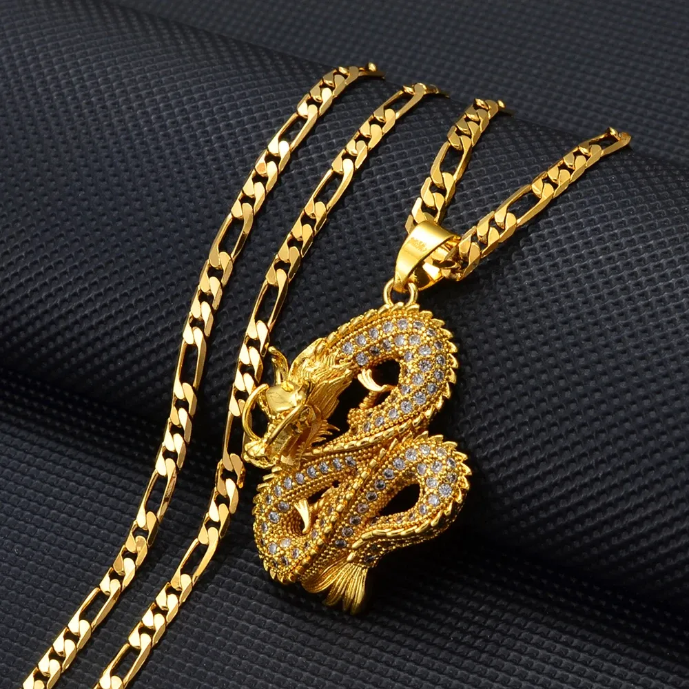 Drachen-Anhänger-Halsketten für Damen und Herren, 14 Karat Gelbgold, Schmuck, Zirkonia, chinesische kulturelle Ornamente, Maskottchen, Glück