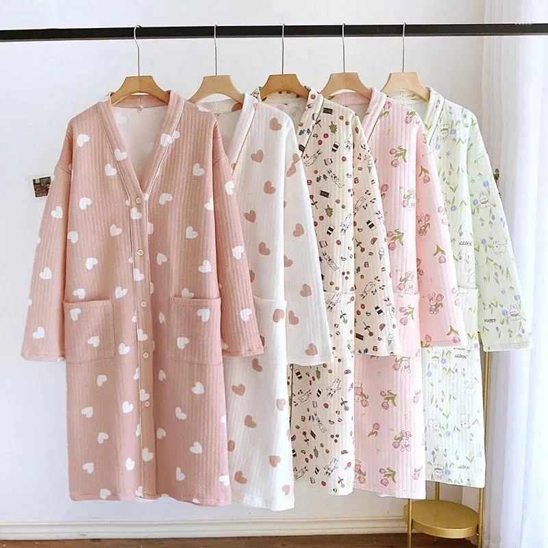 Mulheres sleepwear outono inverno para dormir quente robe mulheres pijama roupão vestido mulher roupas pijama grosso algodão pijama camisola