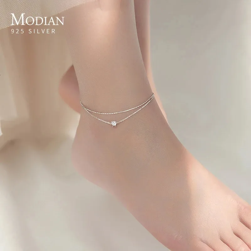 Модианские серебряные простые двухслойные ножные браслеты для женщин, летние модные украшения из стерлингового серебра 925 пробы, модный стильный браслет на ногу 240118