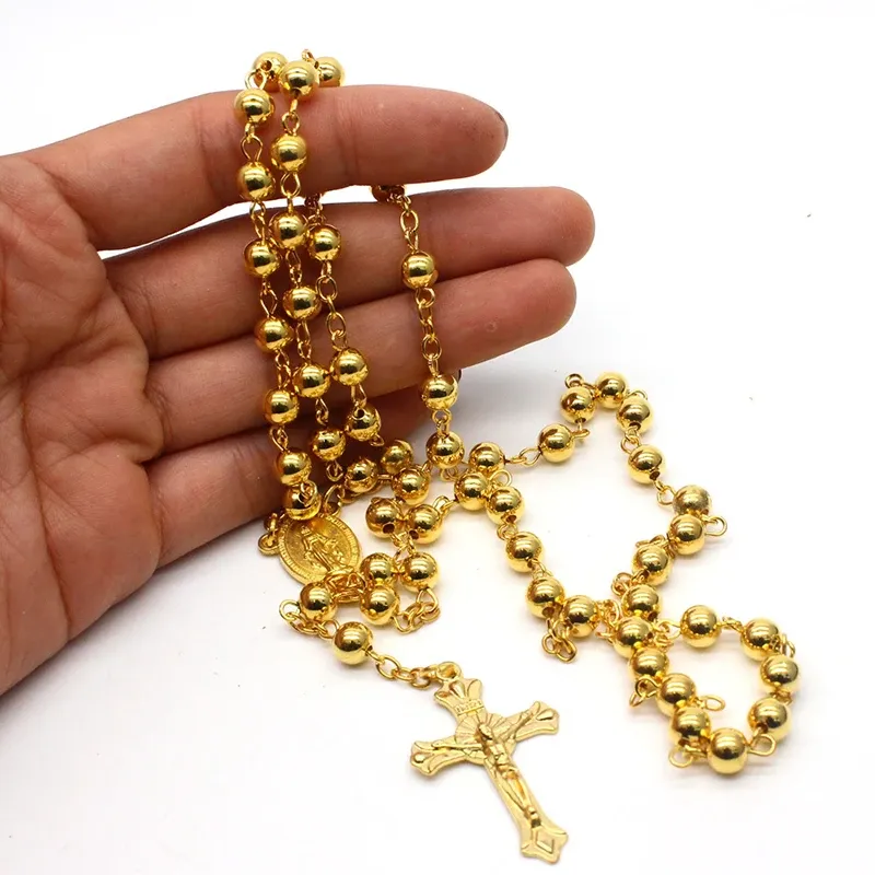 Religiöse christliche 14-karätige Gelbgold-Rosenkranz-Halskette, Jesus-Kreuz-Anhänger-Halskette, lange Kette, Halsschmuck, Geschenk