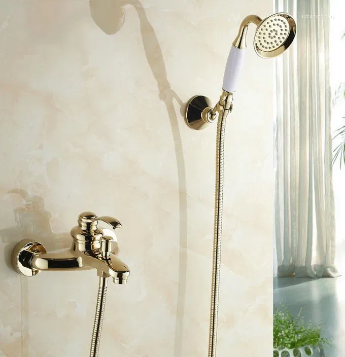 Küchenarmaturen Goldfarbe Messing Wandmontage Badezimmer Einhand-Badewanne Wasserhahn Wasserhahn Handbrause Set mit Halterung 1,5 m Schlauch Atf402