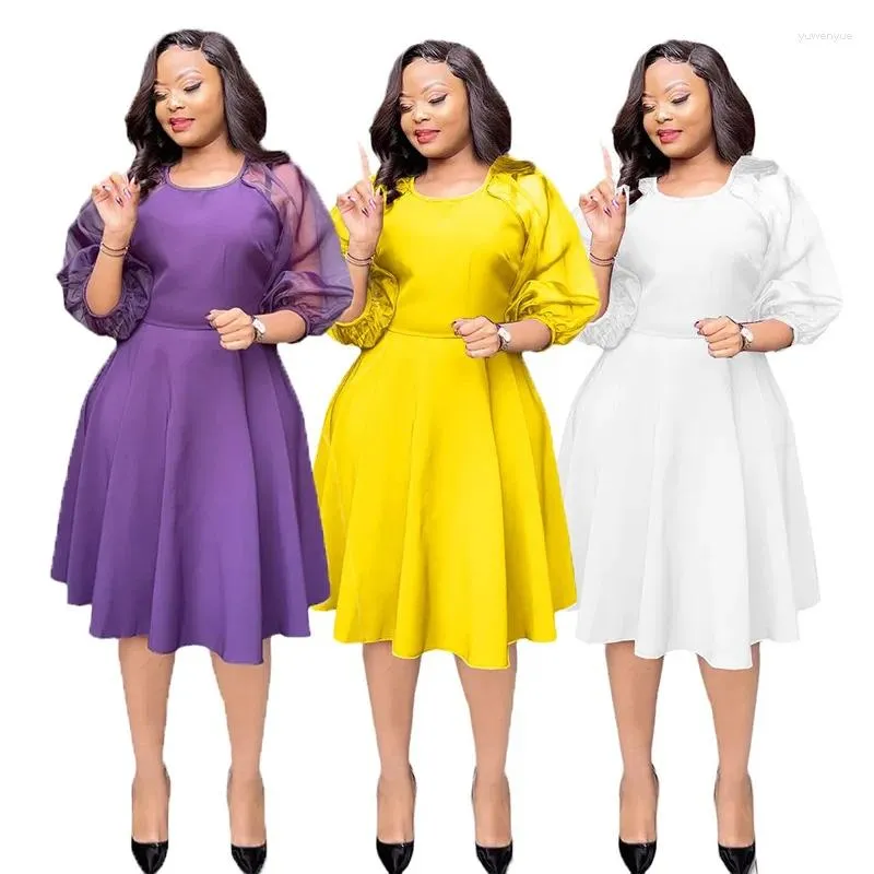 Ethnic Clothing African Dresses For Women Elegant Spring Summer Fashion Africa Clothes Mesh Puff Sleeves High Waist A-line Dress Robe