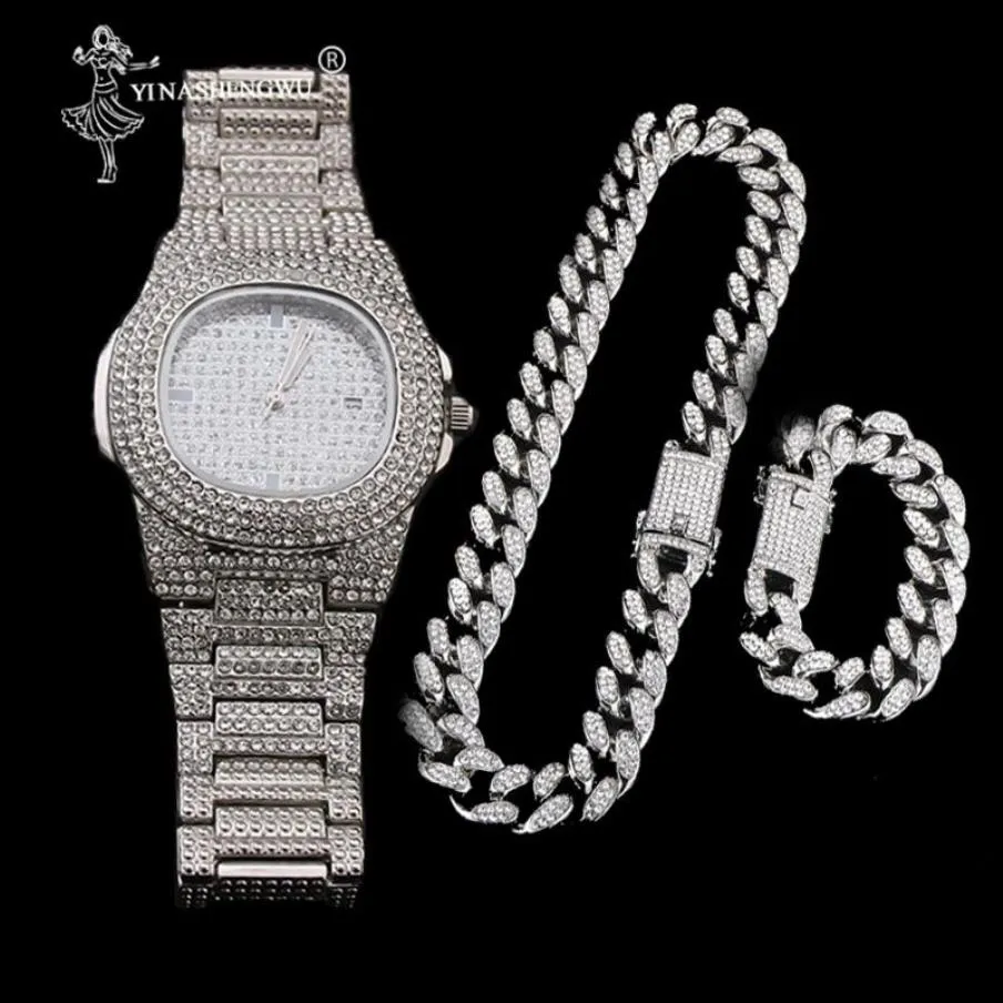 Orologio color oro di lusso Crystal Miami Out Catena cubana Oro Argento Orologio da uomo Collana Bracciale Hip Hop Jewerl per uomo 2CM230H