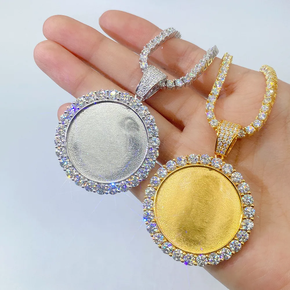 Accesorios de hip-hop europeos y americanos, colgante de marco de fotos circular grande con cadena de pelota de tenis de una sola piedra Mosang con incrustaciones de plata 925