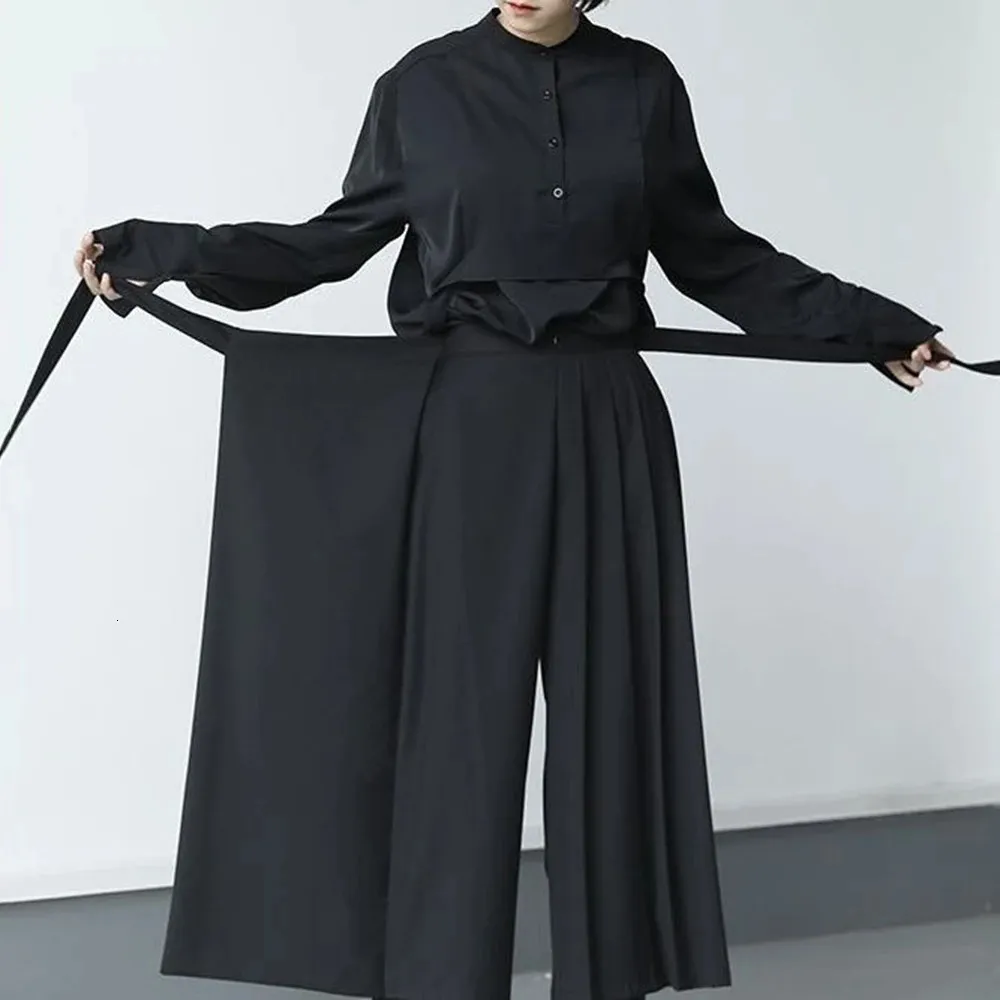 Darkness Versatile Slim Pleated Nine-Point Wide-Leg Pants Unisex Double-Layer High-Waisted Loose Tight-Waisted Straight Culottes 240123