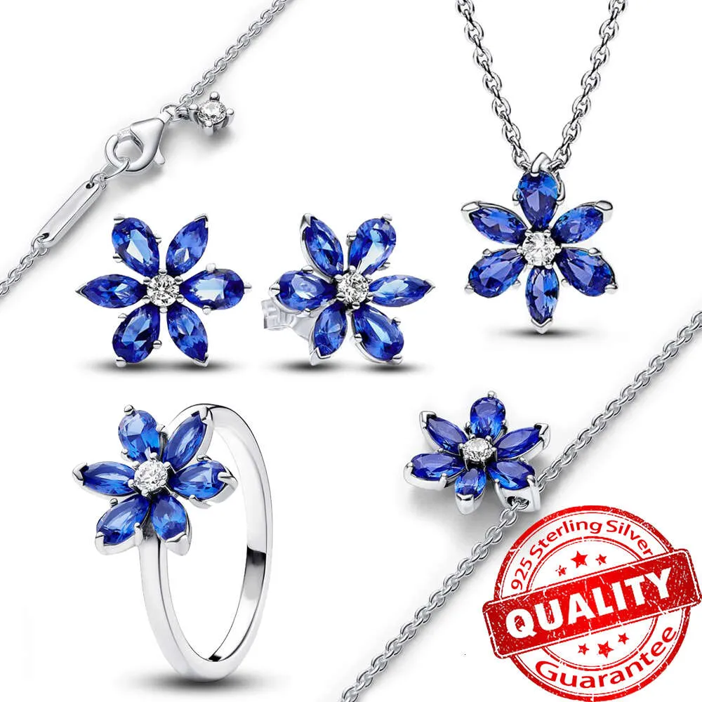Authentic Sterling Sier Sparkling Blue Herbarium Cluster Earring Ring & Necklace DIY Women Jewelry Set Gift Accessories