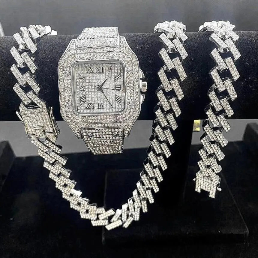 Наручные часы 3 шт. Iced Out часы для мужчин золотые часы кварцевые 15 мм кубинские звенья цепи браслет ожерелья ювелирные изделия с бриллиантами мужские Reloj2728