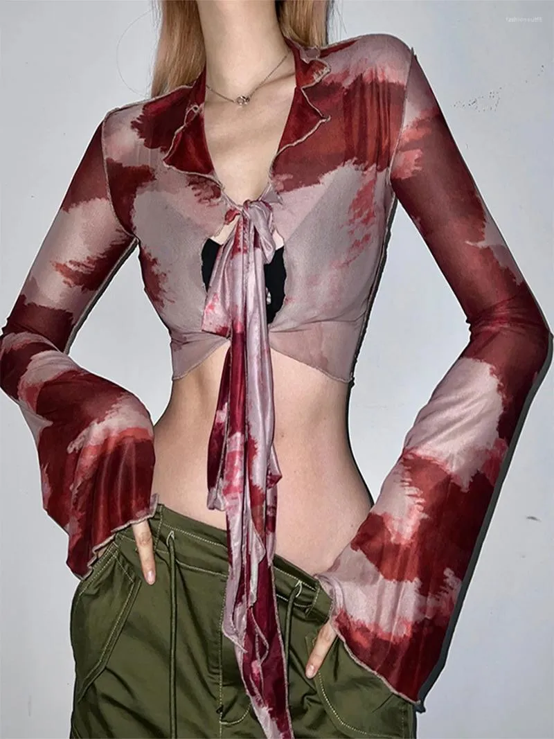 Magliette femminili da donna a maniche lunghe tops coltivazione aderente y2k tintura tintura gotica tintura rossa stampa a maglietta a maglie a maglie