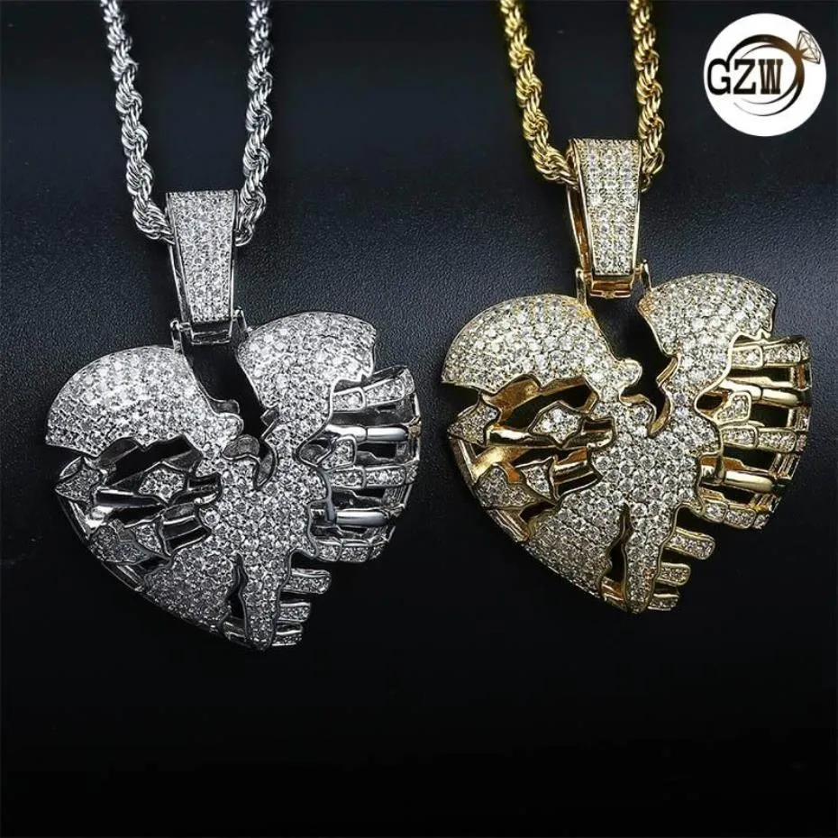 Personalisierte echte 18K Gold Bling Diamant gebrochene hohle Herz Herren Anhänger Halskette Iced Out Zirkonia Liebhaber Hip Hop Schmuck 175i