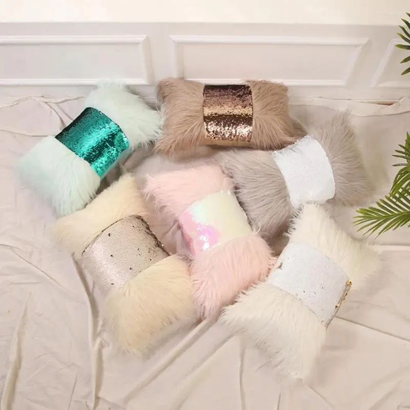 Pillow Sequin Long Plush Splicing Throw Cover Decorative Case Living Room Couch Bed Pillowcase