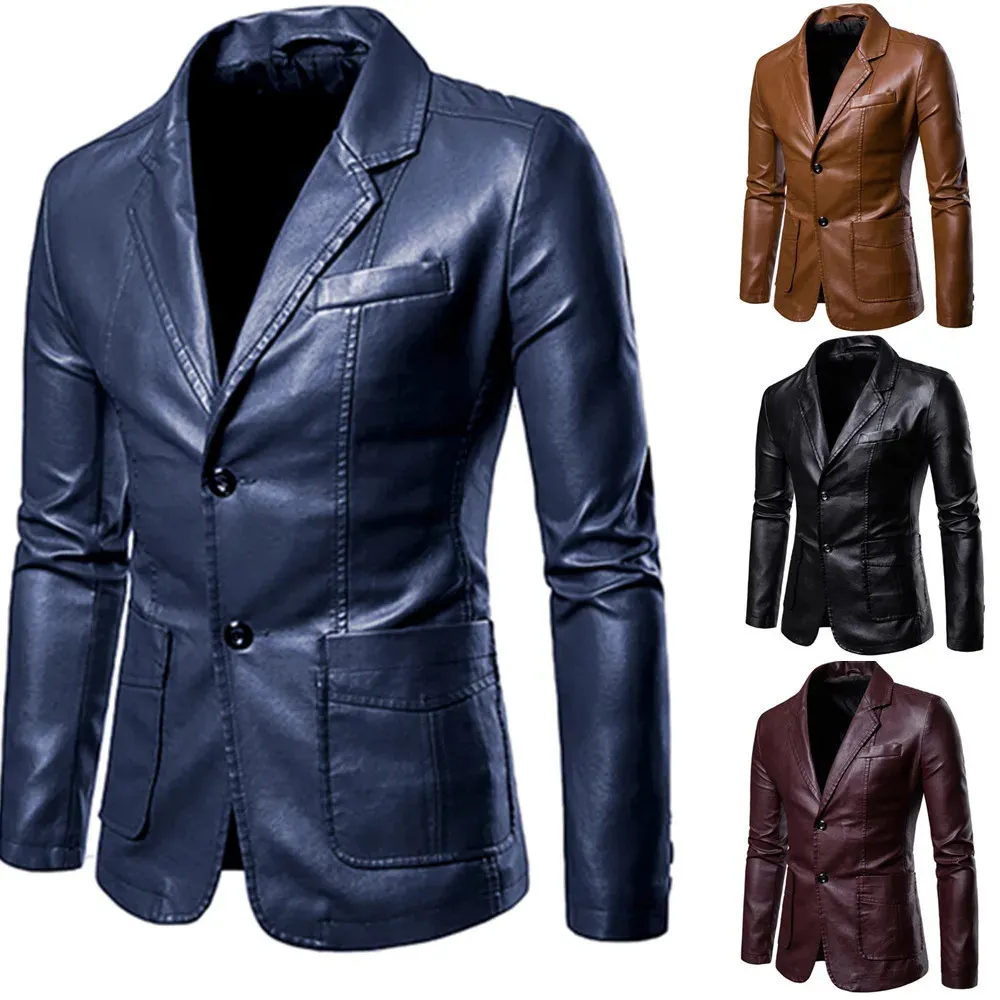 Blazer en cuir homme printemps automne mode hommes veste en cuir robe costume manteau mâle affaires décontracté Pu noir Blazers veste 240126