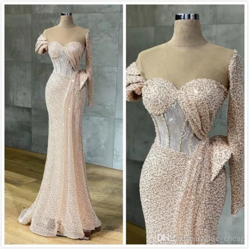 Aso Ebi 2021 Arabisch Champagner Sparkly Sexy Abendkleider Meerjungfrau Pailletten Abendkleid Roségold Formelle Party Zweiter Empfang Gow224J