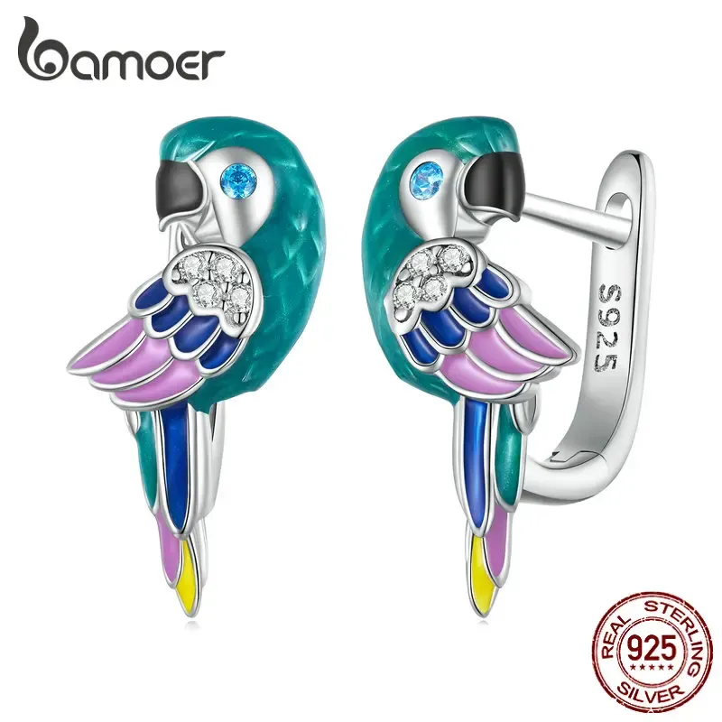 Küpe Bamoer 925 STERLING Gümüş Sürekli Emaye Parrot Kulak Tokaları Kuş Hoop Küpeler Kadınlar İçin Platin Platin Kaplama İnce Mücevherat