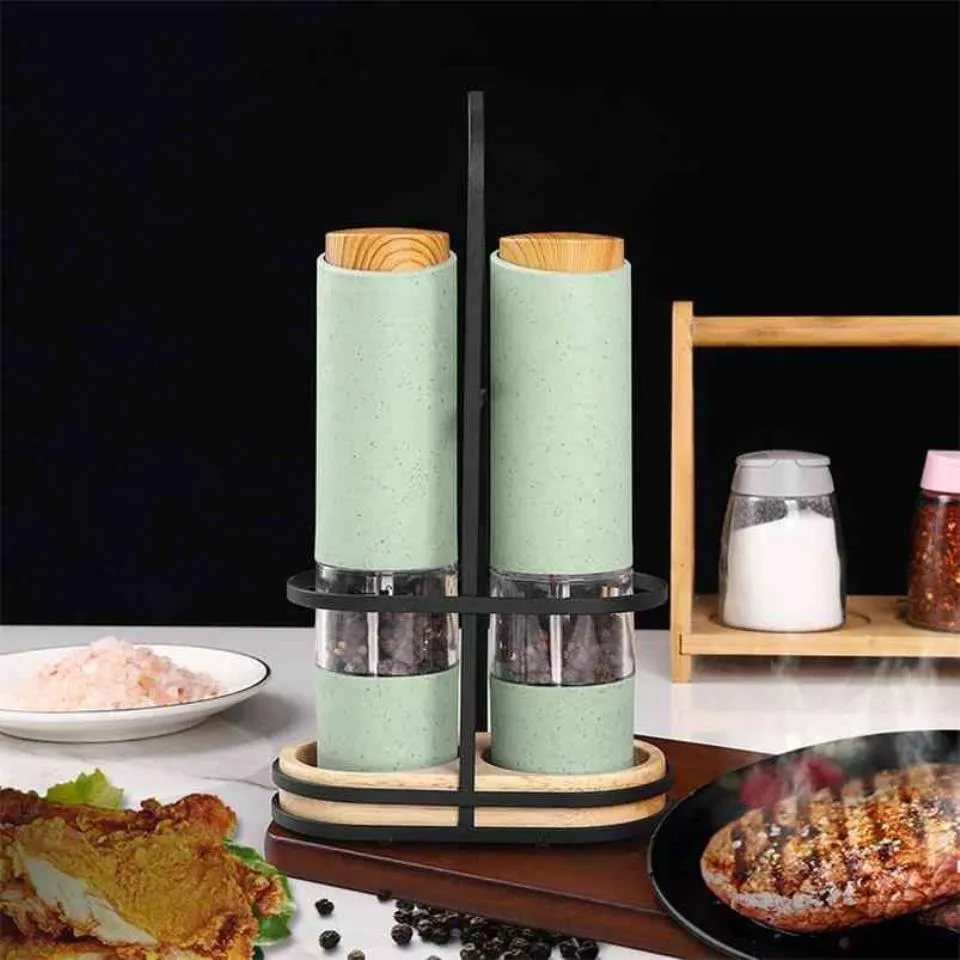 Wheat Straw Electric Salt Pepper Grinder Set LED Light Automatic Spice Herb Mill Adjustable Coarseness Ceramic Core Kitchen Tool 2289t