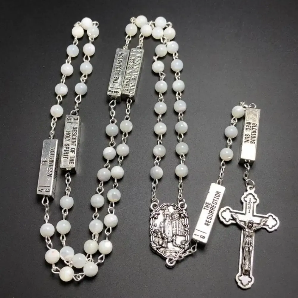 Collane da 6 mm con guscio di mare religioso rosario madre di pera collana cattolica con argento o oro.