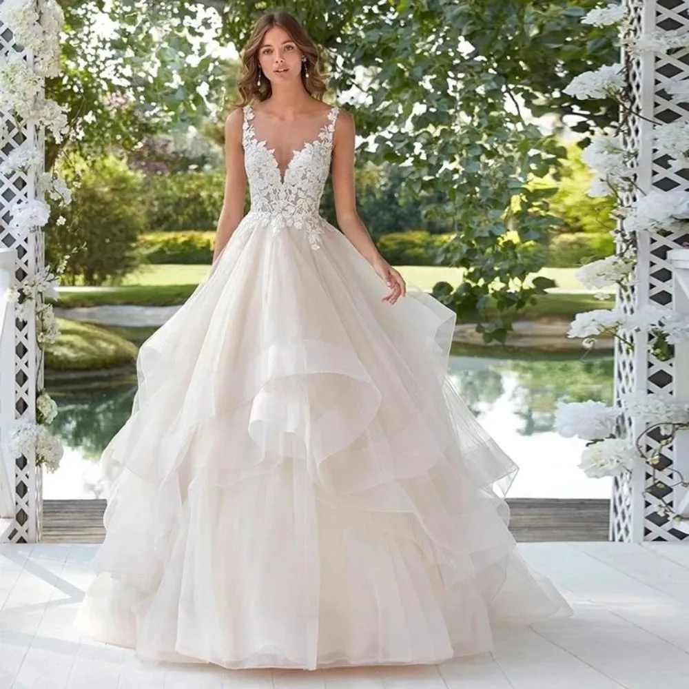 Stunningbride 2024 venda quente com decote em v tule princesa vestidos de casamento rendas apliques sem costas babados varredura trem vestidos de noiva feitos sob encomenda